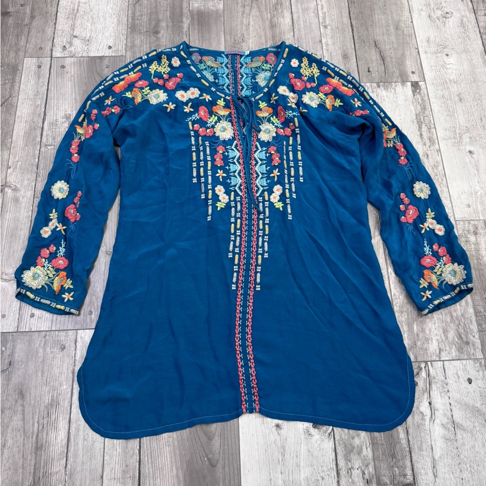 Johnny Was Navy Blue Embroidered Tunic Top 3/4 Sleeve Medium